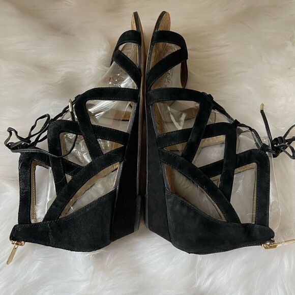 Sam Edelman leather suede lace up straps wedge sandals back zipper size 9.5 - Picture 4 of 9